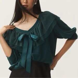 Anthropologie Maeve Teal Ruffle Bow Crop Sweater Sz M